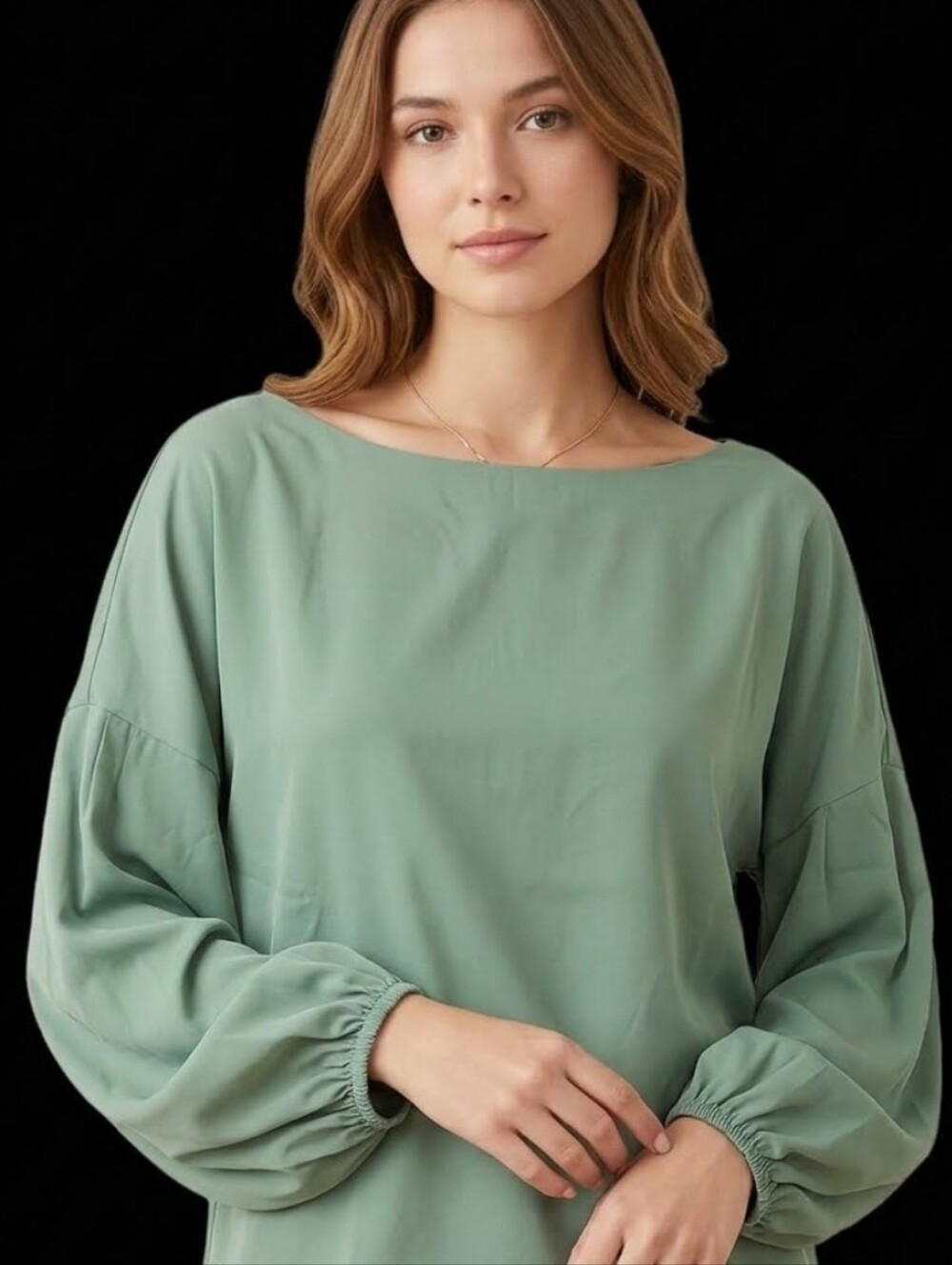 Women's Sage Green Balloon-Sleeve Blouse - Effortless Boatneck Top